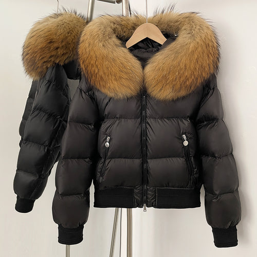 OFTBUY Big Natural Raccoon Fur Fluffy Puffer Jacket Women Knit Cuff Real Fur Collar White Duck Down Coat New Winter Top Clothes