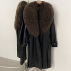 OFTBUY New Women's Long Faux Leather Trench Coat with Real Mongolian Sheep Fur Collar Belted Waist Luxury Jacket Warm Outerwear