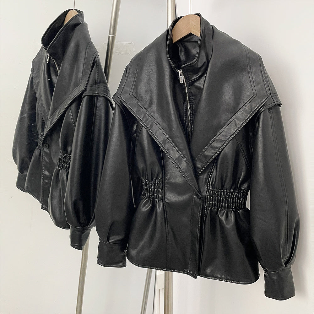 OFTBUY New Women's Faux Leather Jacket Oversized High Neck Zipper Elastic Waist Vintage Coat Female Streetwear Fashion Outerwear