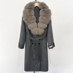 OFTBUY Winter Jacket Women Woolen Blends Coat Natural Real Fox Fur Collar Belt Loose Outerwear Casual Outerwear Streetwear