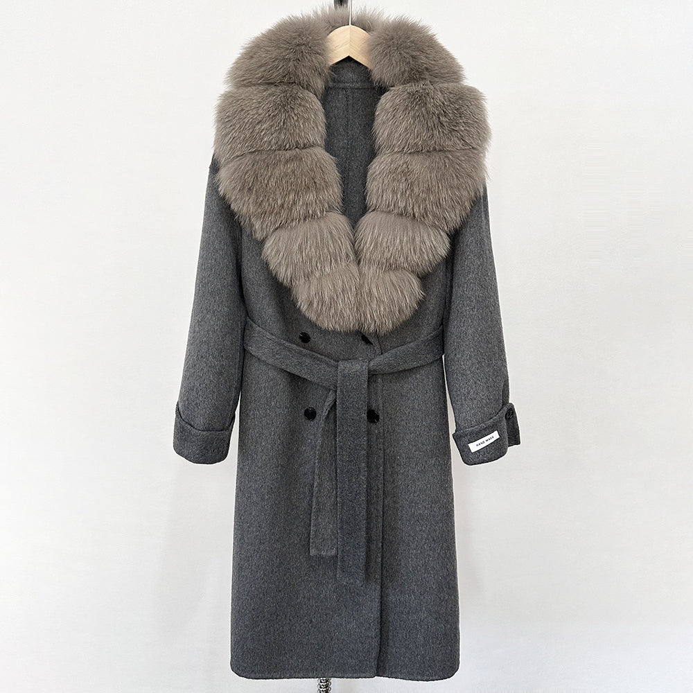 OFTBUY Winter Jacket Women Woolen Blends Coat Natural Real Fox Fur Collar Belt Loose Outerwear Casual Outerwear Streetwear