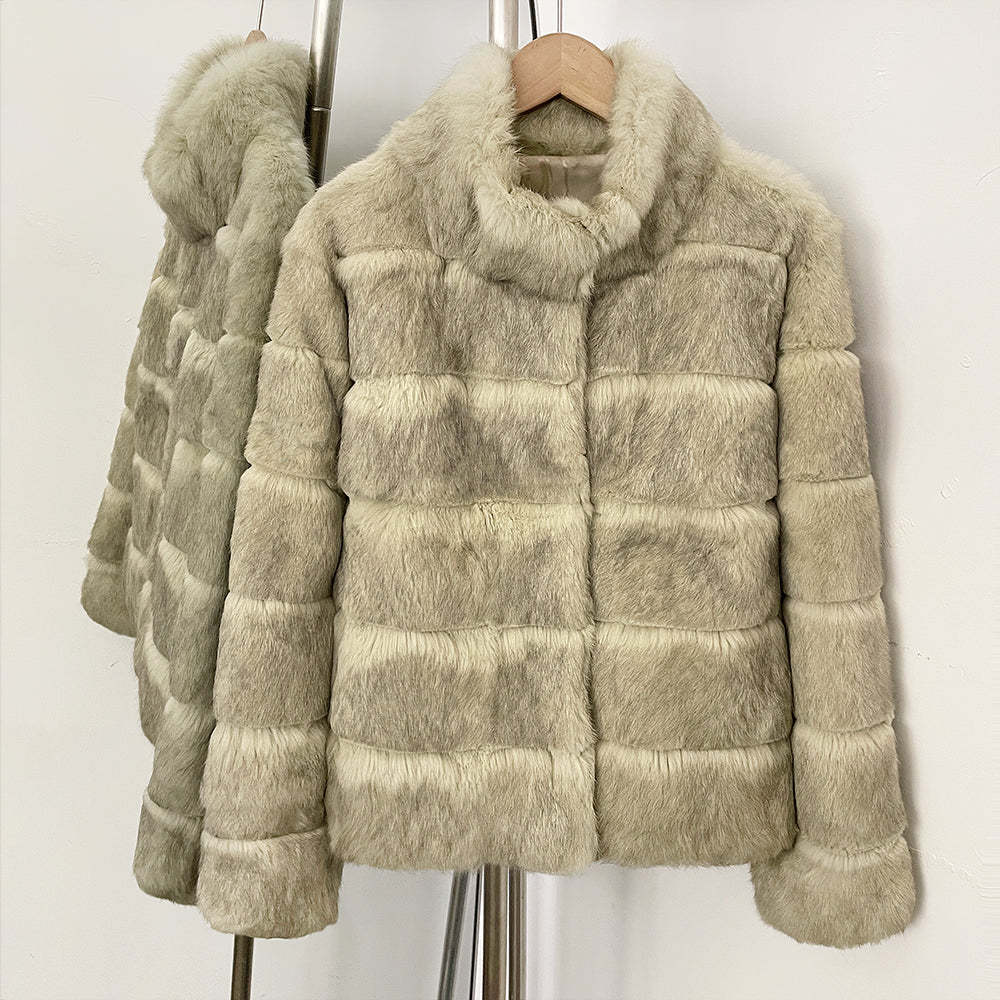 OFTBUY Women Horizontal Striped Real Rabbit Fur Coat Luxury Camel Fur Jacket with Stand Collar New Warm Winter Outerwear Female