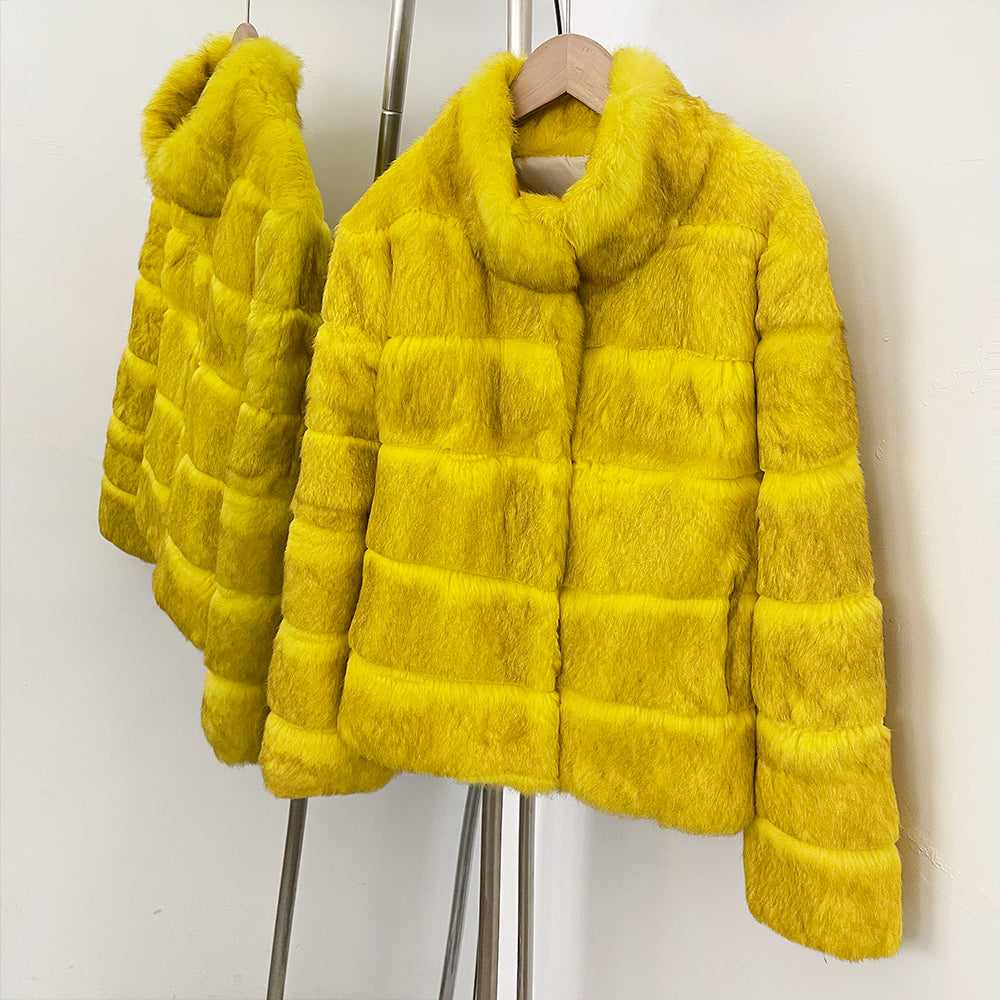 OFTBUY Women Horizontal Striped Real Rabbit Fur Coat Luxury Camel Fur Jacket with Stand Collar New Warm Winter Outerwear Female