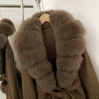 OFTBUY Belted Waist Striped Texture Pockets New Women's Knit Coat with Large Real Fox Fur Collar Winter Luxury Elegant Outerwear