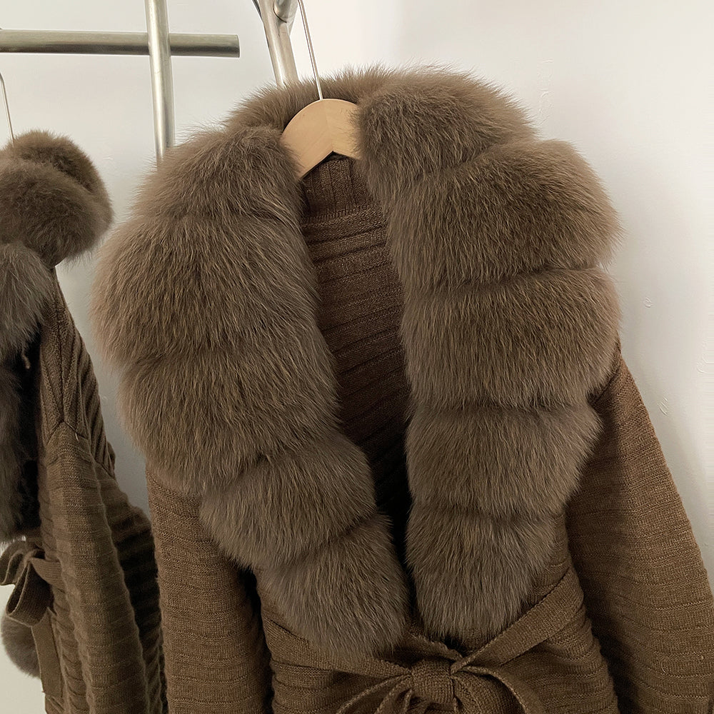 OFTBUY Belted Waist Striped Texture Pockets New Women's Knit Coat with Large Real Fox Fur Collar Winter Luxury Elegant Outerwear
