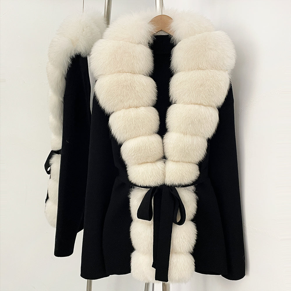 OFTBUY Luxury Warm Winter Fashion Outerwear New Women's Knit Cardigan with Oversized Real Fox Fur Trim Self-Tie Belt Sweater
