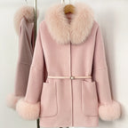 OFTBUY New Autumn Winter Belt Woolen Clothes Women Real Fox Fur Cuffs and Collar 100% Wool Coat Female Natural Fur Pocket Jacket