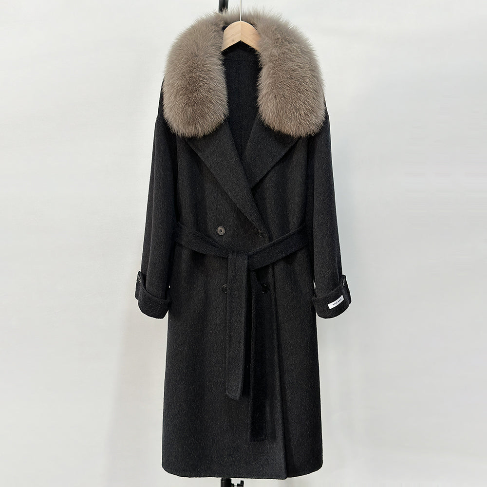 OFTBUY Winter Clothes Women Large Natural Fox Fur Jacket Long Wool Blends Cashmere Coat Belt Female Warm Woolen Streetwear
