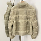 OFTBUY Women Horizontal Striped Real Rabbit Fur Coat Luxury Camel Fur Jacket with Stand Collar New Warm Winter Outerwear Female