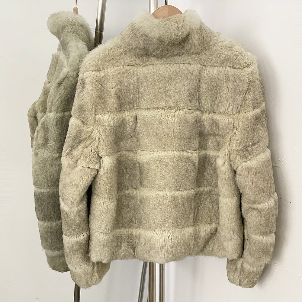OFTBUY Women Horizontal Striped Real Rabbit Fur Coat Luxury Camel Fur Jacket with Stand Collar New Warm Winter Outerwear Female