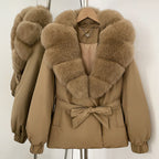OFTBUY Winter Warm Women Real duck Down Jackets Natural Real Fox Fur Collar Puffer Jackets Belt Female Outwear Coats Hot Sale