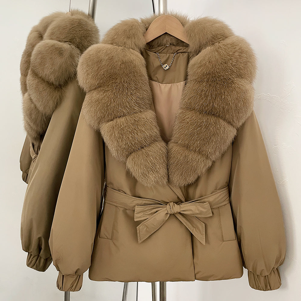 OFTBUY Winter Warm Women Real duck Down Jackets Natural Real Fox Fur Collar Puffer Jackets Belt Female Outwear Coats Hot Sale