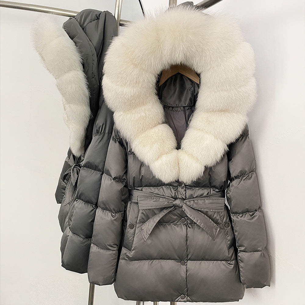 OFTBUY New Women's Duck Down Jacket with Large Real Fox Fur Hood Belted Waist Warm Winter Puffer Coat Lady Luxury Outerwear