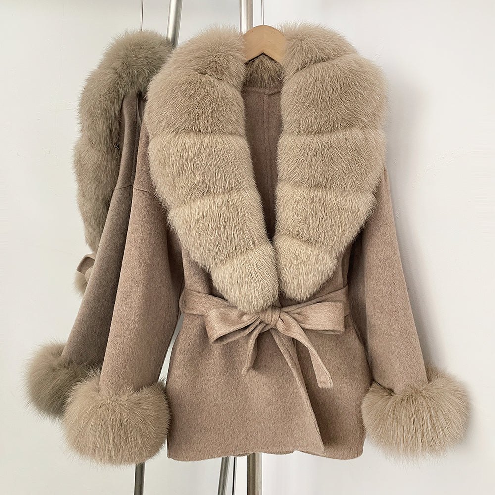 OFTBUY New Women's Double-Faced Wool Coat with Large Real Fox Fur Belted Warm Jacket Winter Elegant Fashion Outerwear Female