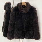 Front view of espresso brown curly lamb wool shearling jacket with funnel stand collar