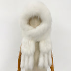 OFTBUY Hot Sales Fashion Fluffy White Natural Fox Fur Hat with Scarf Women Winter Female Thickened Warm Long Real Fur Cap Child