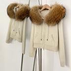 OFTBUY New Women's Beige Knit Hoodie with Large Real Fox Fur Trim Zipper Pockets Warm Winter Fashion Casual Outerwear Lady