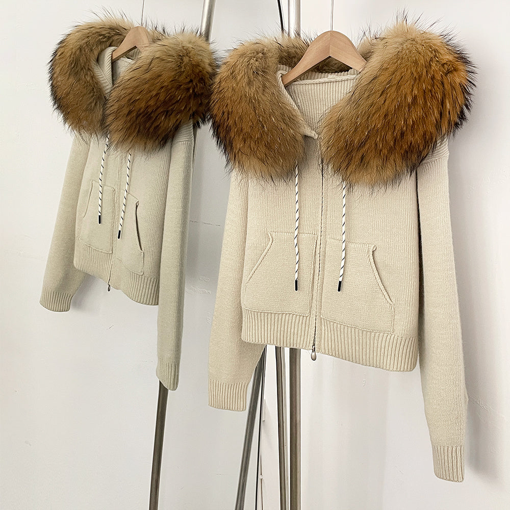 OFTBUY New Women's Beige Knit Hoodie with Large Real Fox Fur Trim Zipper Pockets Warm Winter Fashion Casual Outerwear Lady