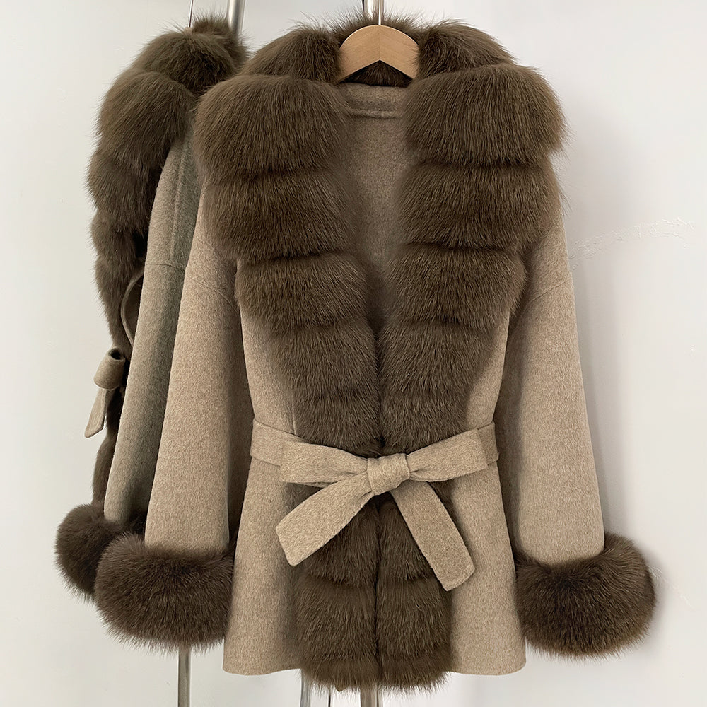 OFTBUY Big Natural Fox Fur Pinnacle 100% Wool Coat Female New Autumn Winter Clothes Women Belt Natural Fur Collar Woolen Jacket