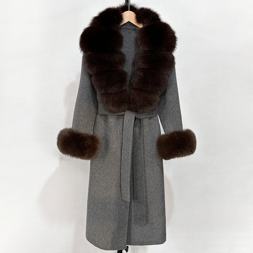 OFTBUY Fashion Warm Woolen Jacket with Real Fox Fur Collar and Cuffs New Autumn Winter Wool Clothing Women Long Belt Outerwear