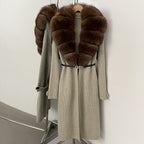 OFTBUY Warm Winter Elegant Fashion knit Outerwear female New Women's Knit Long Coat with Large Real Fox Fur Collar Belted Waist