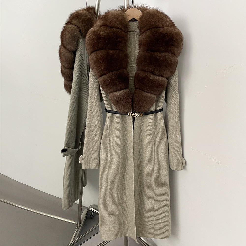 OFTBUY Warm Winter Elegant Fashion knit Outerwear female New Women's Knit Long Coat with Large Real Fox Fur Collar Belted Waist