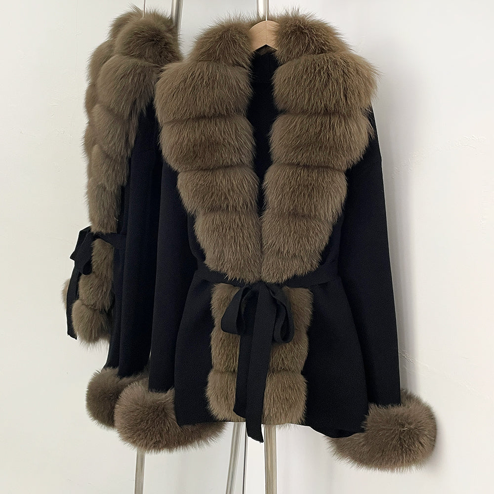 OFTBUY New Spring Autumn Clothing Women Fashion Real Fox Fur Kint Cardigan Female Belt Luxury Loose Fur Cuffs Sweater Jacket