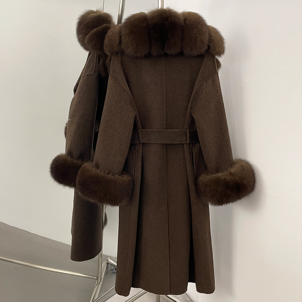 OFTBUY Long Big Fox Fur Pinnacle 100% Wool Coat Female New Autumn Winter Clothes Women Belt Natural Fur Collar Woolen Jacket