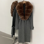 OFTBUY Warm Winter Elegant Fashion knit Outerwear female New Women's Knit Long Coat with Large Real Fox Fur Collar Belted Waist