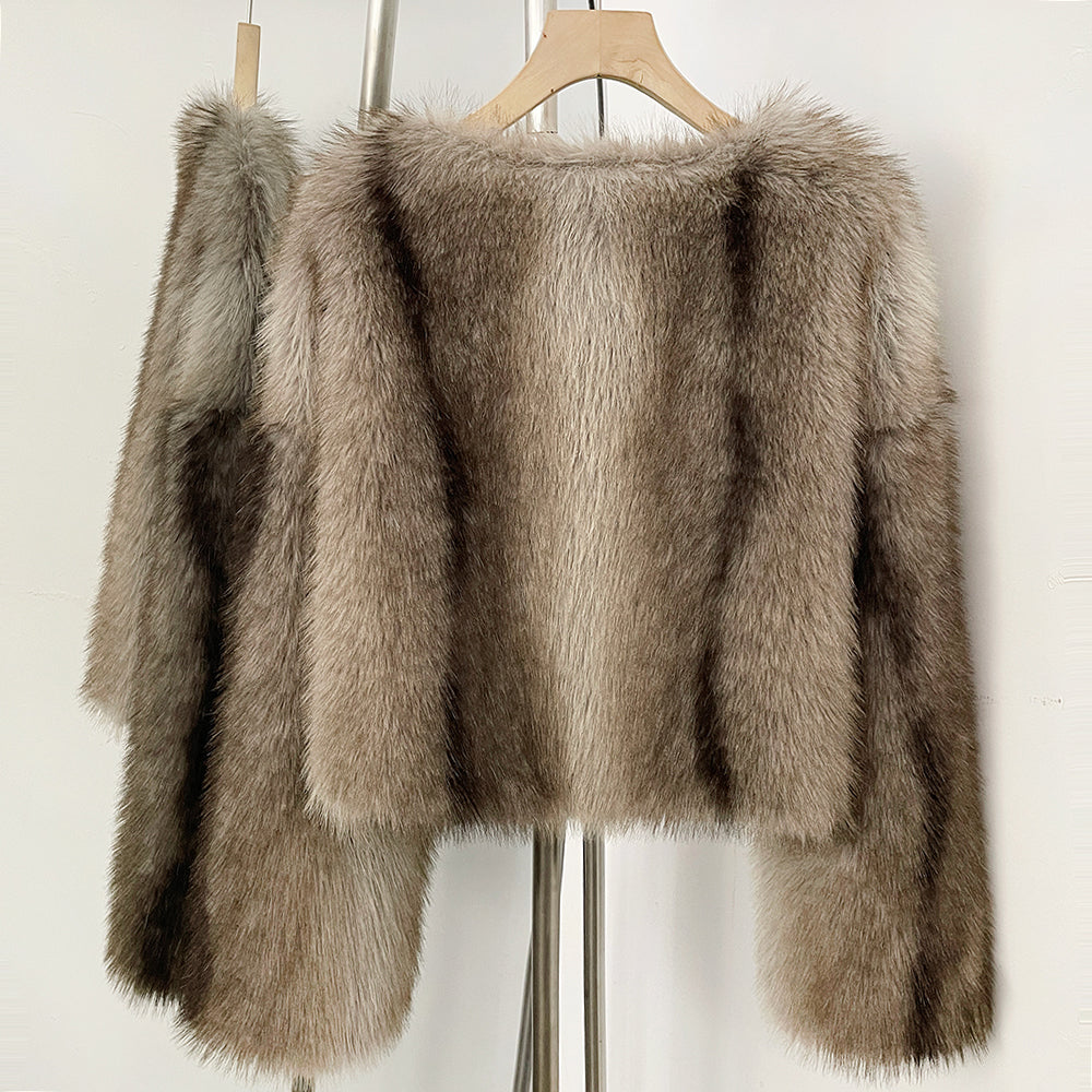 OFTBUY Luxury Collarless Faux Fur Jacket - Chic Short Fluffy Vegan Fur Coat for Women