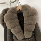 OFTBUY New Women's Suede Jacket with Real Fox Fur Collar Real Rabbit Fur Lining Coat Female Belted Warm Winter Luxury Outerwear