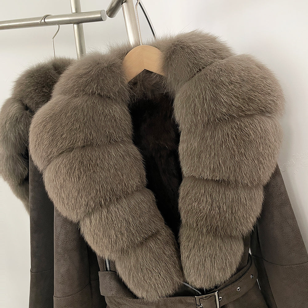 OFTBUY New Women's Suede Jacket with Real Fox Fur Collar Real Rabbit Fur Lining Coat Female Belted Warm Winter Luxury Outerwear