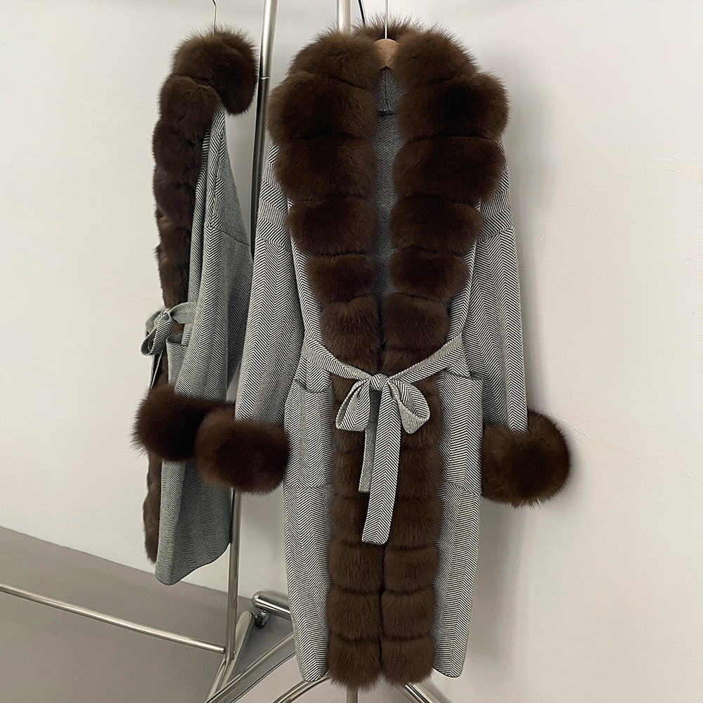 OFTBUY Trim Belted Warm Winter Coat Elegant Fashion Outerwear Female Long Sweater New Women's Knit Coat with Full Real Fox Fur