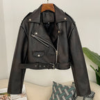 OFTBUY Women's Vintage Black Faux Leather Cropped Moto Jacket Asymmetric Zip PU Biker Coat Female New Autumn Punk Rock Outerwear