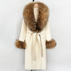 OFTBUY New Women's Double-Faced Wool Coat with Large Real Fox Fur Belted Warm Winter Luxury Fashion Outerwear Woolen Jacket Lady