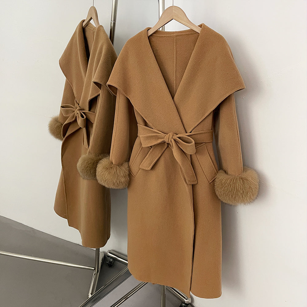 OFTBUY  Luxury Warm Woolen Jacket Women Long Big Collar 100% Wool Coat with Real Fox Fur Cuffs New Autumn Winter Clothes Femlae