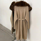 OFTBUY New Natural Fur Collar Long Knit Jacket Women Atrumn Winter Top Clothing Female Fashion Warm Belt Real Fox Fur Cardigan