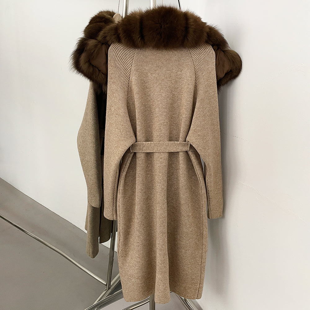 OFTBUY New Natural Fur Collar Long Knit Jacket Women Atrumn Winter Top Clothing Female Fashion Warm Belt Real Fox Fur Cardigan