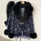 OFTBUY Women's Paisley Knit Cardigan with Real Fox Fur Trim Belted Sweater Coat Female New Luxury Clothes Winter Outerwear Lady