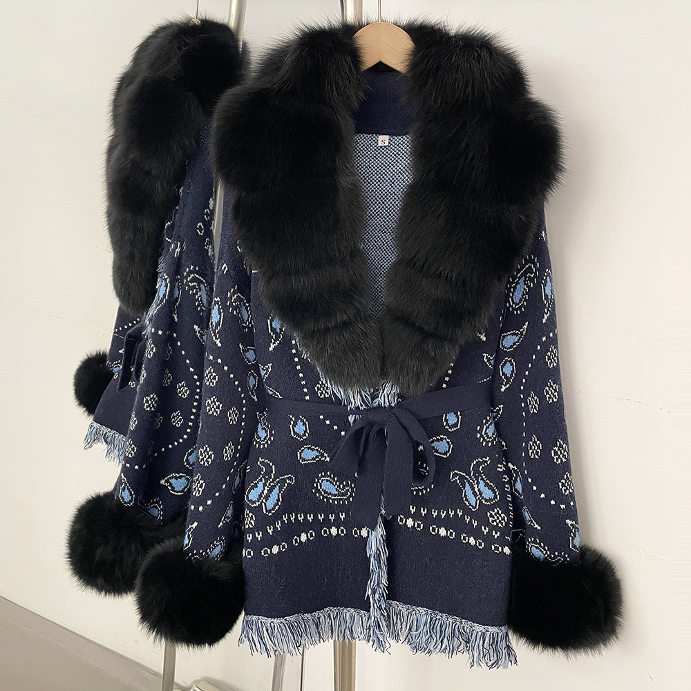 OFTBUY Women's Paisley Knit Cardigan with Real Fox Fur Trim Belted Sweater Coat Female New Luxury Clothes Winter Outerwear Lady