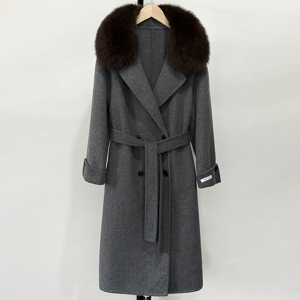 OFTBUY Winter Clothes Women Large Natural Fox Fur Jacket Long Wool Blends Cashmere Coat Belt Female Warm Woolen Streetwear