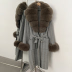 OFTBUY Winter Elegant Outerwear Warm Long Coat Lady New Women's Knit Coat with Large Real Fox Fur Collar Belted Cardigan Female