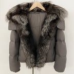 Grey short down coat with high-luster silver fox fur tiered shawl collar
