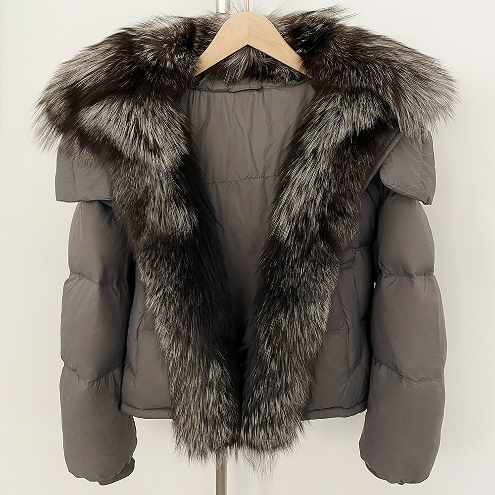 Grey short down coat with high-luster silver fox fur tiered shawl collar