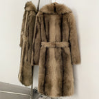 OFTBUY Luxury Long-Length Belted Faux Fur Coat - Premium Vegan Silver Fox Style Overcoat with Oversized Lapel