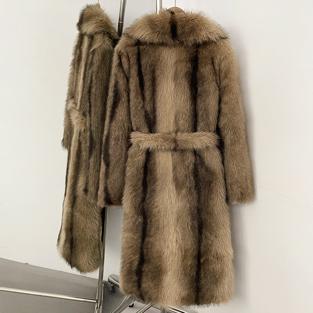 OFTBUY Luxury Long-Length Belted Faux Fur Coat - Premium Vegan Silver Fox Style Overcoat with Oversized Lapel