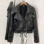 OFTBUY Women's Black Faux Leather Cropped Moto Jacket Asymmetric Zip PU Biker Coat Female New Autumn Vintage Punk Outerwear