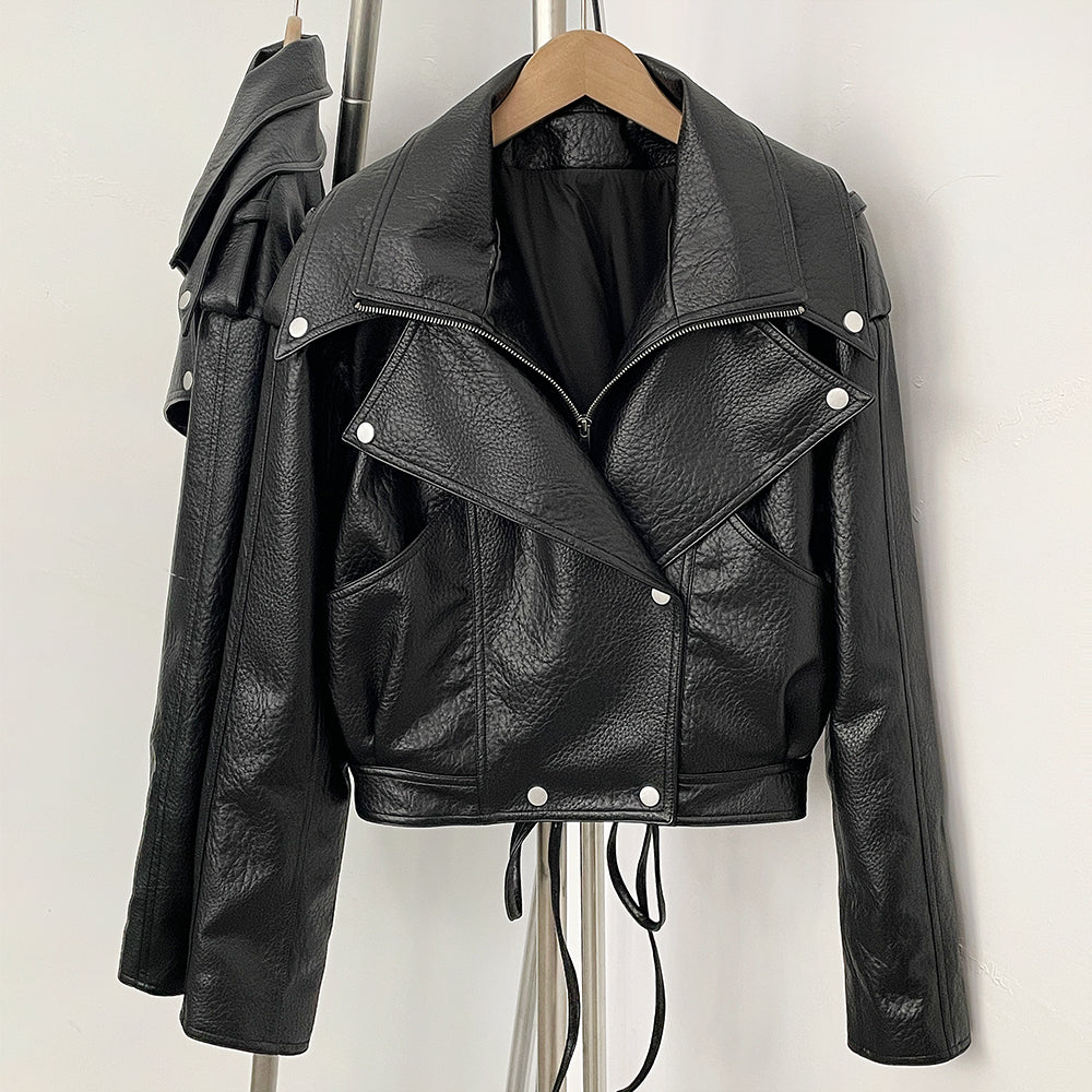 OFTBUY Women's Black Faux Leather Cropped Moto Jacket Asymmetric Zip PU Biker Coat Female New Autumn Vintage Punk Outerwear
