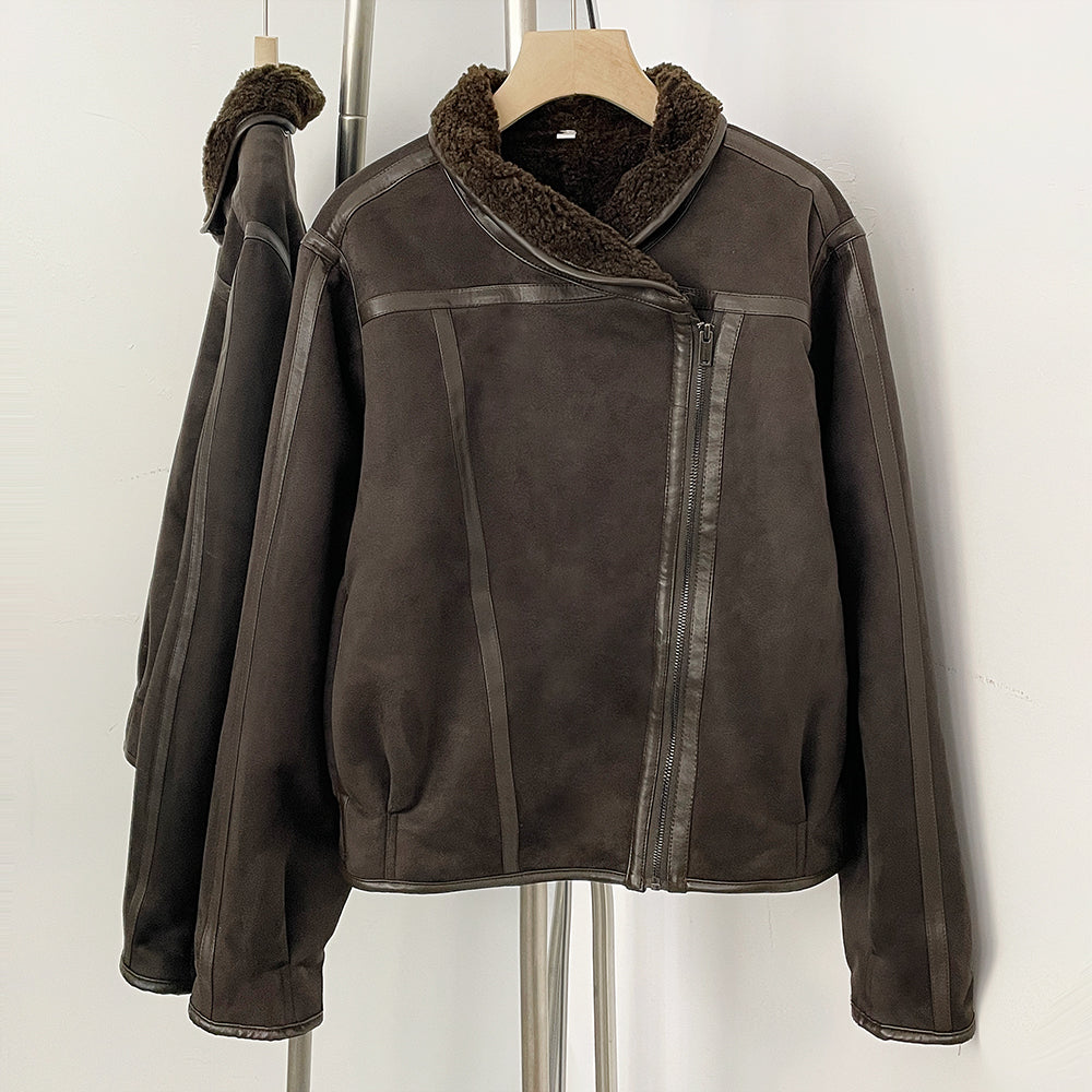 OFTBUY New Women's Faux Suede Shearling Jacket Female Zipper Lapel Collar Warm Autumn Winter Biker Coat Fashion Casual Outerwear