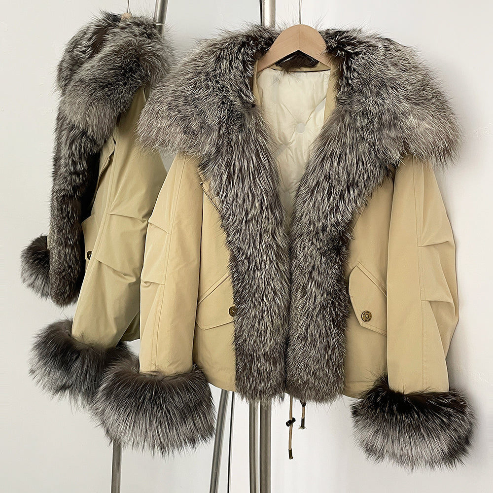 OFTBUY Fashion Warm White Duck Down Real Fur Top Clothes Female Big Natural Fox Fur Collar Coat New Autumn Winter Jacket Women